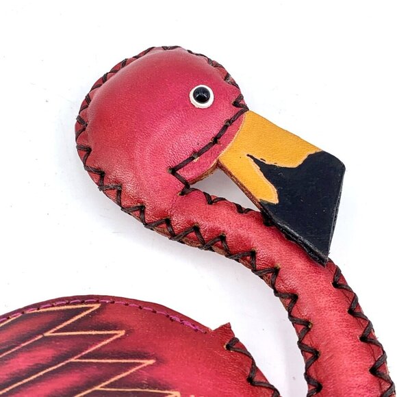 Flamingo Wristlet Leather Purse Figural Hand Crafted Tooled Overstitched 5 x 5" - Picture 2 of 11